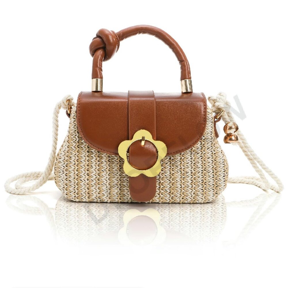 Straw Top Handle Crossbody Bag Floral Buckle Detachable Strap Mini Clutch Chic